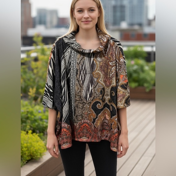 Chico’s Size 3 (XL) Paisley Relic Boxy Sweater Top Mock Neck Pullover Oversize - Picture 1 of 7
